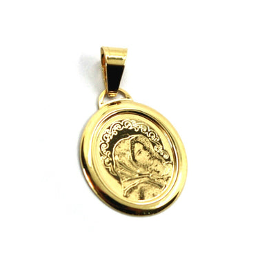 18K YELLOW OVAL GOLD MEDAL 15x17mm VIRGIN MARY AND JESUS, MADE IN ITALY.