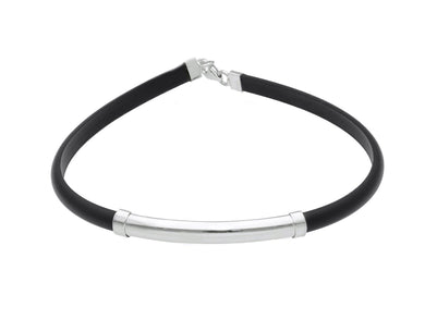 18K WHITE GOLD BRACELET 5mm ROUND HALF TUBE SMOOTH PLATE & BLACK RUBBER, 8.3
