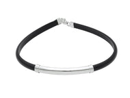18K WHITE GOLD BRACELET 5mm ROUND HALF TUBE SMOOTH PLATE & BLACK RUBBER, 8.3