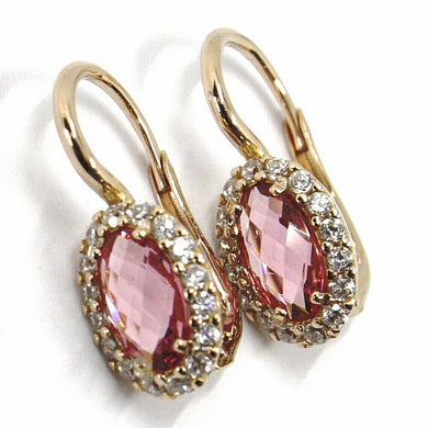 18k rose gold leverback flower earrings, oval pink crystal, cubic zirconia frame.