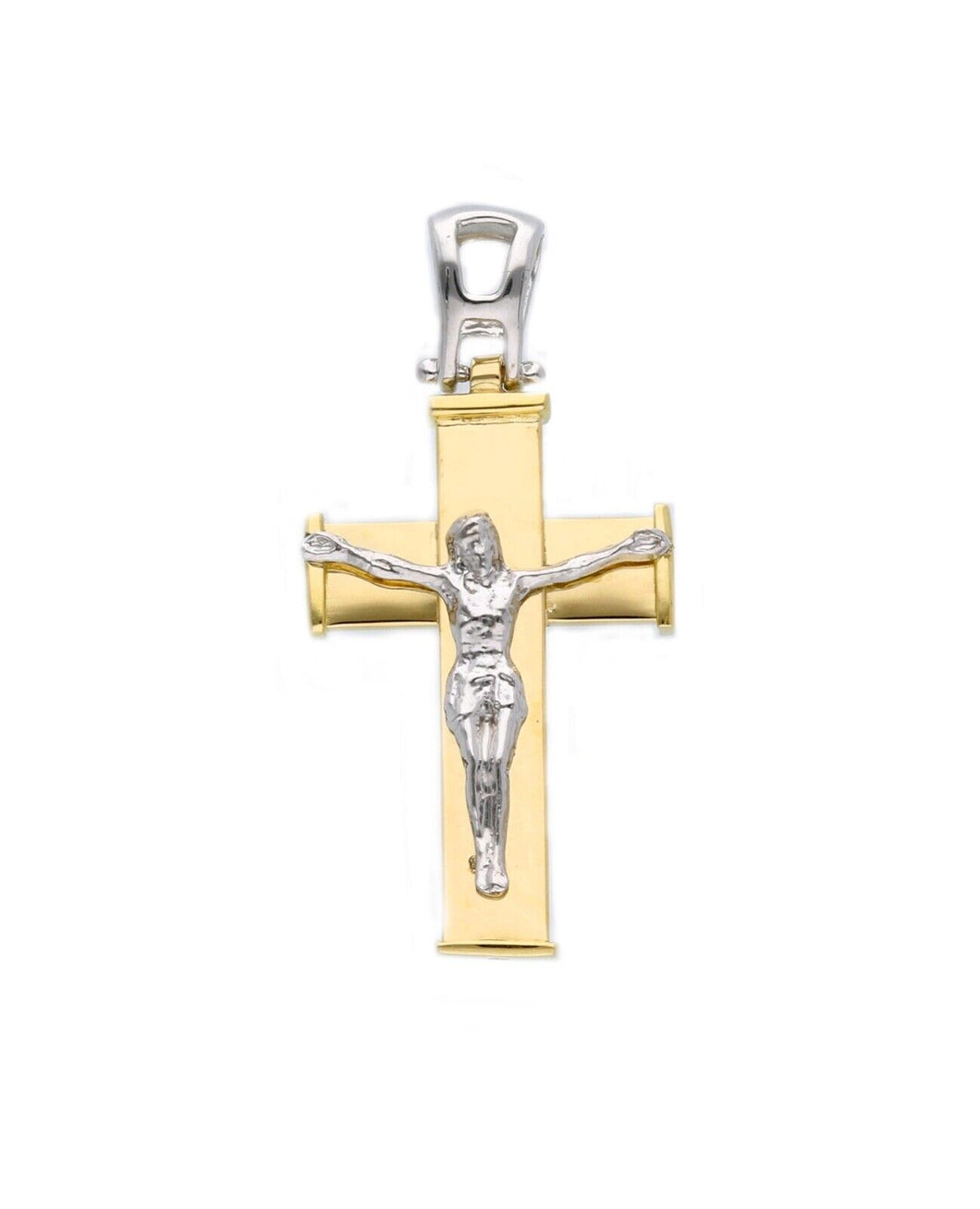 18K YELLOW WHITE GOLD SQUARED STYLIZED CROSS PENDANT, SMOOTH, JESUS CHRIST, 27mm.