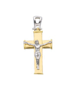 18K YELLOW WHITE GOLD SQUARED STYLIZED CROSS PENDANT, SMOOTH, JESUS CHRIST, 27mm.