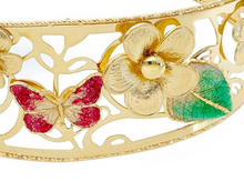 Load image into Gallery viewer, 18K YELLOW GOLD BANGLE BRACELET WITH FINELY WORKED ENAMEL FLOWER BUTTERFLY LEAF.
