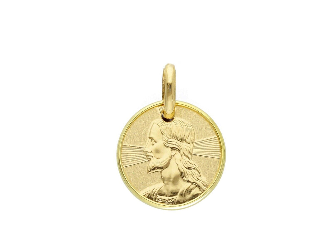 18K YELLOW GOLD PENDANT ROUND MEDAL JESUS FACE 15mm ENGRAVABLE.