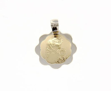 18K YELLOW WHITE GOLD PENDANT FLOWER MEDAL MARY & JESUS ENGRAVABLE MADE IN ITALY.