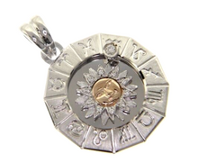 Load image into Gallery viewer, 18k white &amp; rose gold zodiac sign round 27mm diamond sun zodiacal medal pendant.
