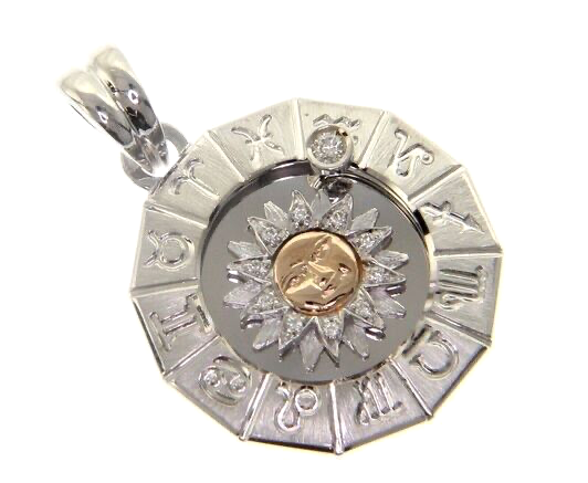 18k white & rose gold zodiac sign round 27mm diamond sun zodiacal medal pendant.