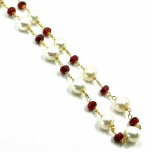 Load image into Gallery viewer, 18k yellow gold 24&quot; necklace, alternate 4mm red ruby &amp; white fw 6.5mm peals
