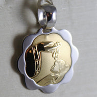 18K YELLOW WHITE GOLD FLOWER MEDAL PENDANT REMEMBRANCE OF BAPTISM MADE IN ITALY.