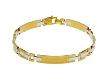 Load image into Gallery viewer, 18K YELLOW WHITE GOLD MAN SEMI RIGID BRACELET ALTERNATE 5mm SATIN PLATES.
