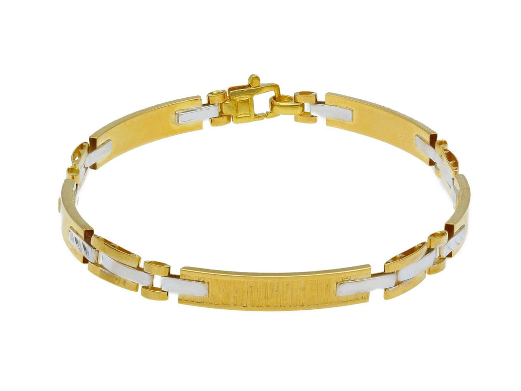 18K YELLOW WHITE GOLD MAN SEMI RIGID BRACELET ALTERNATE 5mm SATIN PLATES.