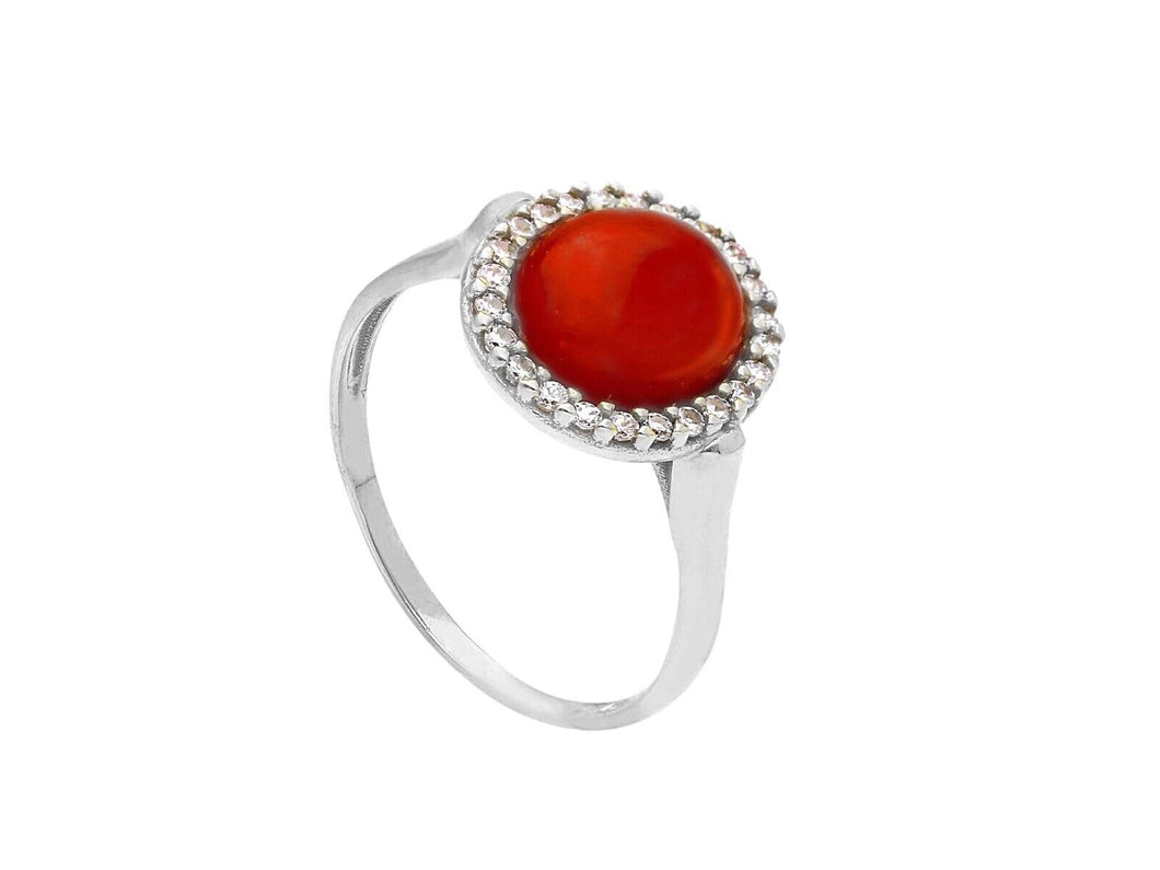 18K WHITE GOLD CENTRAL CABOCHON RED CORAL RING WITH CUBIC ZIRCONIA FRAME.
