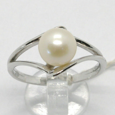 solid 18k white gold band pearl ring ondulate wave, eye, solitaire made in Italy.