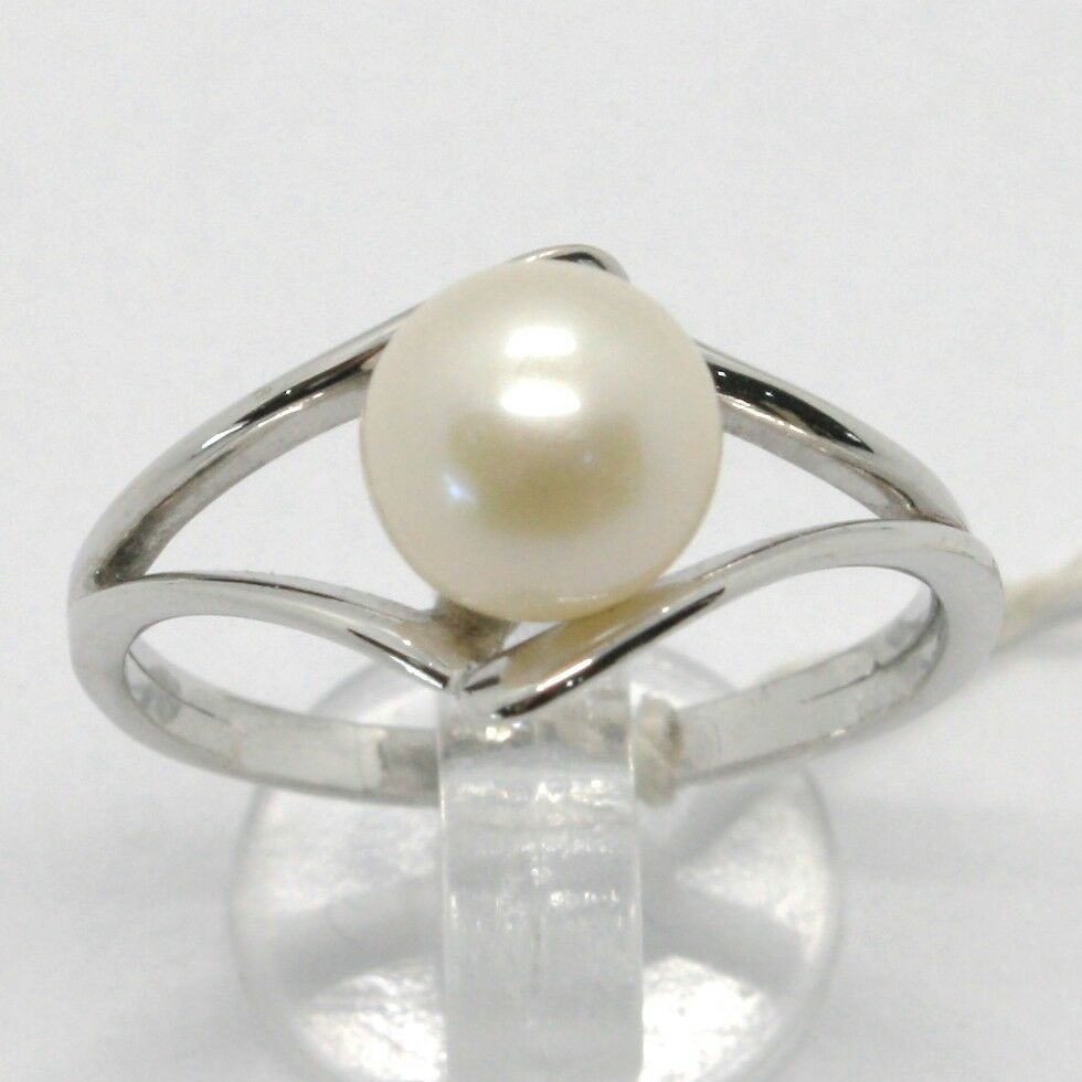 solid 18k white gold band pearl ring ondulate wave, eye, solitaire made in Italy