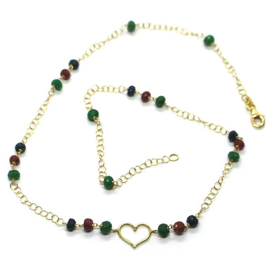 18k yellow gold heart necklace, faceted green emerald, red ruby, blue sapphire.