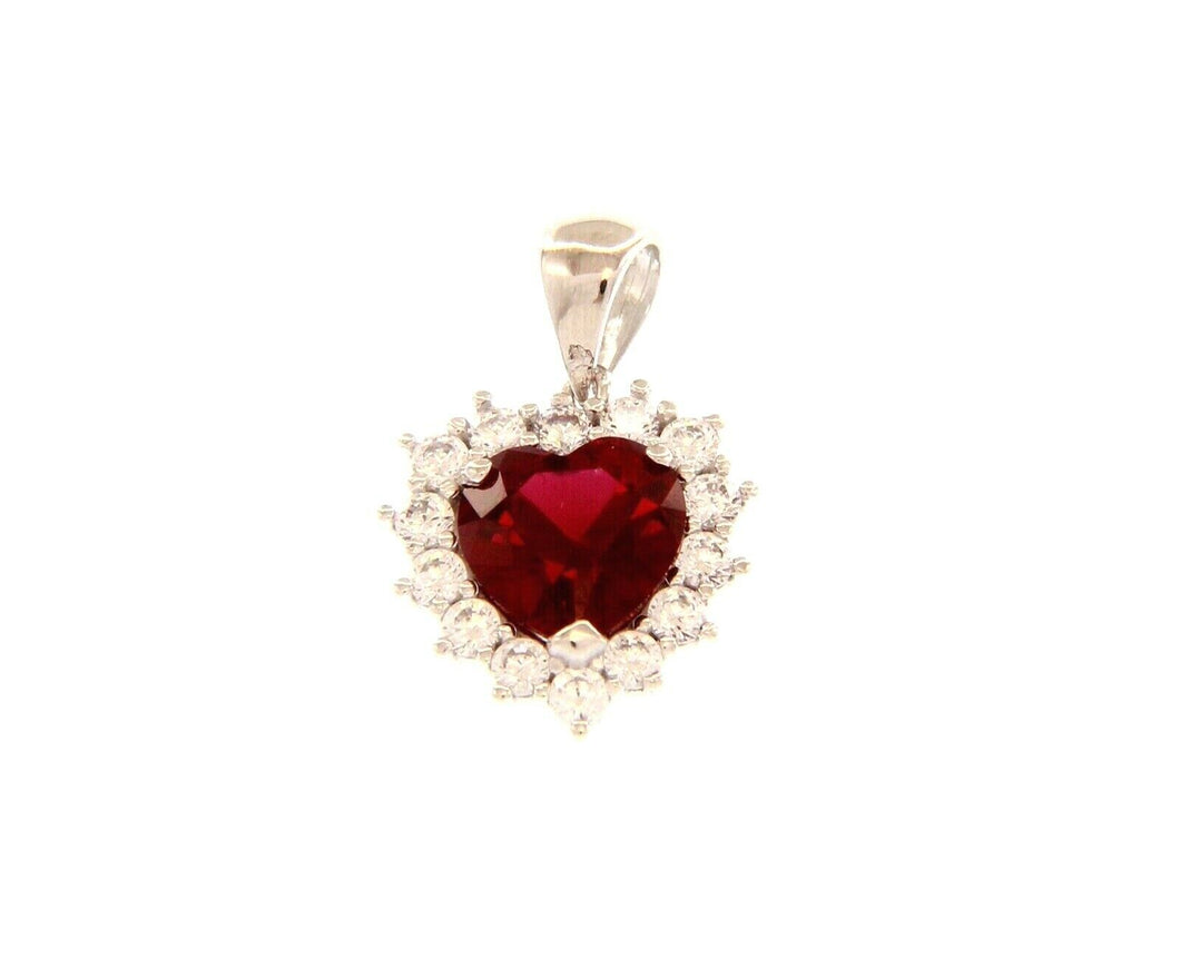 18k white gold heart pendant red recrystallized ruby, cubic zirconia frame.