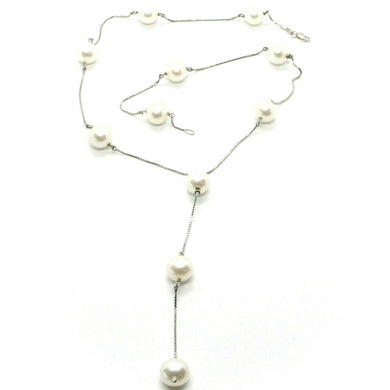 18k white gold lariat necklace, venetian chain alternate with white pearls 10 mm.