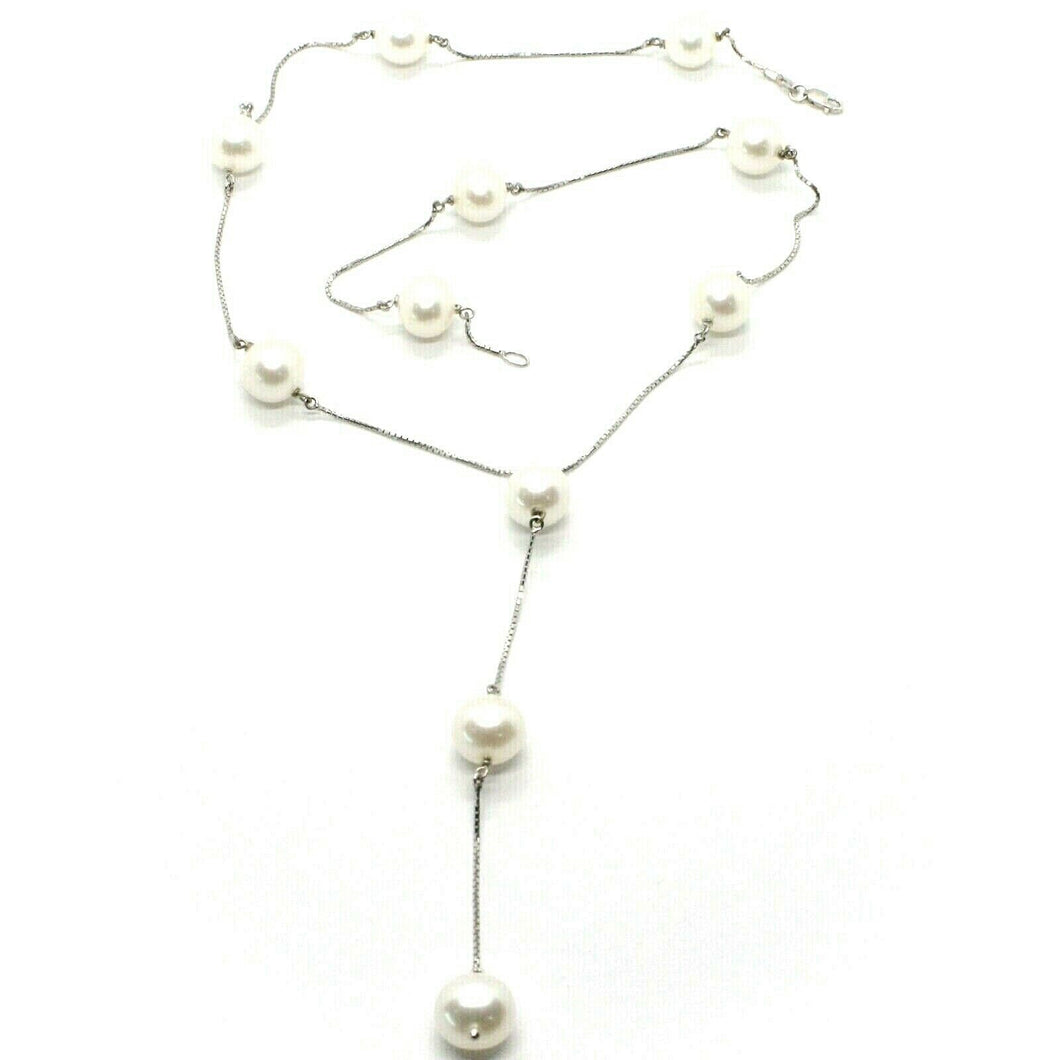 18k white gold lariat necklace, venetian chain alternate with white pearls 10 mm.