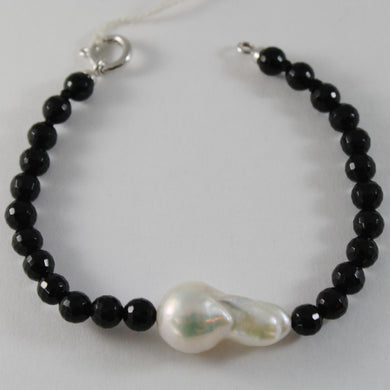 18k white gold bracelet big drop baroque pearl 25 mm & black onyx made in Italy.