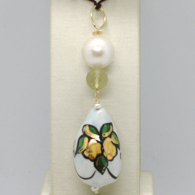 18k yellow gold pendant lemon quartz, pearl & ceramic drop hand painted in Italy.
