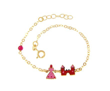 Load image into Gallery viewer, 18k yellow gold kid child baby bracelet enamel princess and castle, rolo chain.
