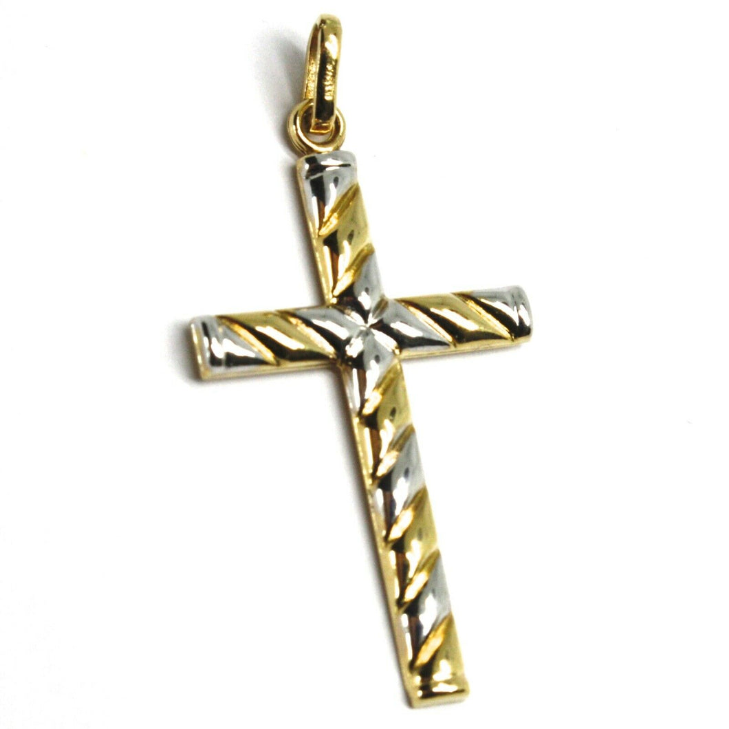 18K YELLOW WHITE GOLD CROSS PENDANT 30mm, 1.18 inches, ROUNDED ALTERNATE STRIPED