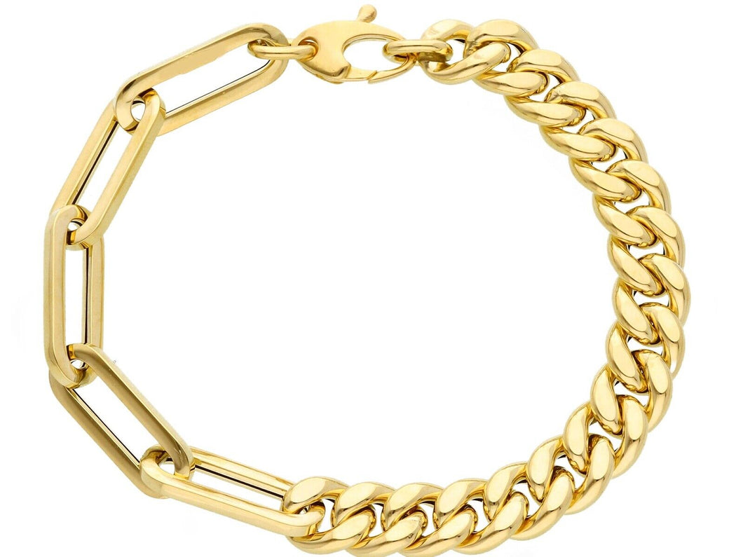 18K YELLOW GOLD 7mm BRACELET HALF SQUARED OVAL PAPER CLIP AND HALF CUBAN CURB.