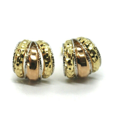 18K YELLOW ROSE WHITE GOLD HALF CIRCLE PENDANT EARRINGS FINELY WORKED 3 WIRES.