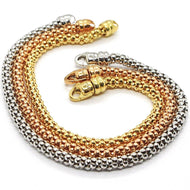 3 18K ROSE YELLOW WHITE GOLD BRACELETS 7.3 INCHES, BASKET WEAVE, POPCORN 4 MM.