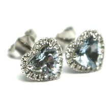 Load image into Gallery viewer, 18k white gold love heart earrings aquamarine with diamonds frame, diameter 9 mm.
