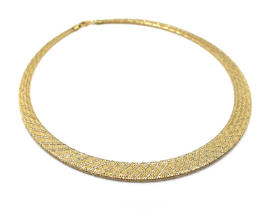 18k gold multi-strand braided fabric effect choker necklace flat 5-12 mm wide.