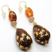 Load image into Gallery viewer, 18K YELLOW GOLD EARRINGS AMBER CITRINE ADULARIA, POTTERY DROPS HAND PAINTED STAR
