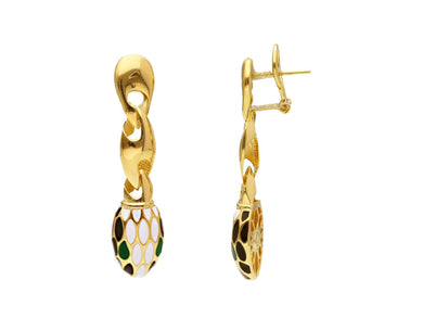 18K YELLOW GOLD PENDANT 42mm CLIPS EARRINGS, WHITE BLACK GREEN ENAMEL SNAKE.