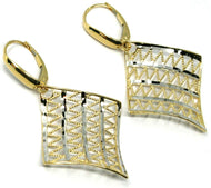 18K YELLOW WHITE GOLD PENDANT EARRINGS ONDULATE WORKED SQUARE, SHINY, STRIPED.