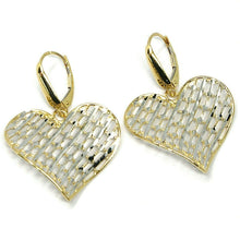 Load image into Gallery viewer, 18K YELLOW WHITE GOLD PENDANT EARRINGS ONDULATE WORKED HEART, SHINY, STRIPED.
