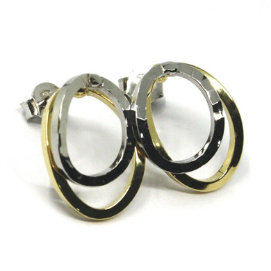 18K YELLOW WHITE GOLD PENDANT EARRINGS ONDULATE DOUBLE SQUARED OVAL 1.7cm, 0.67