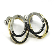 18K YELLOW WHITE GOLD PENDANT EARRINGS ONDULATE DOUBLE SQUARED OVAL 1.7cm, 0.67