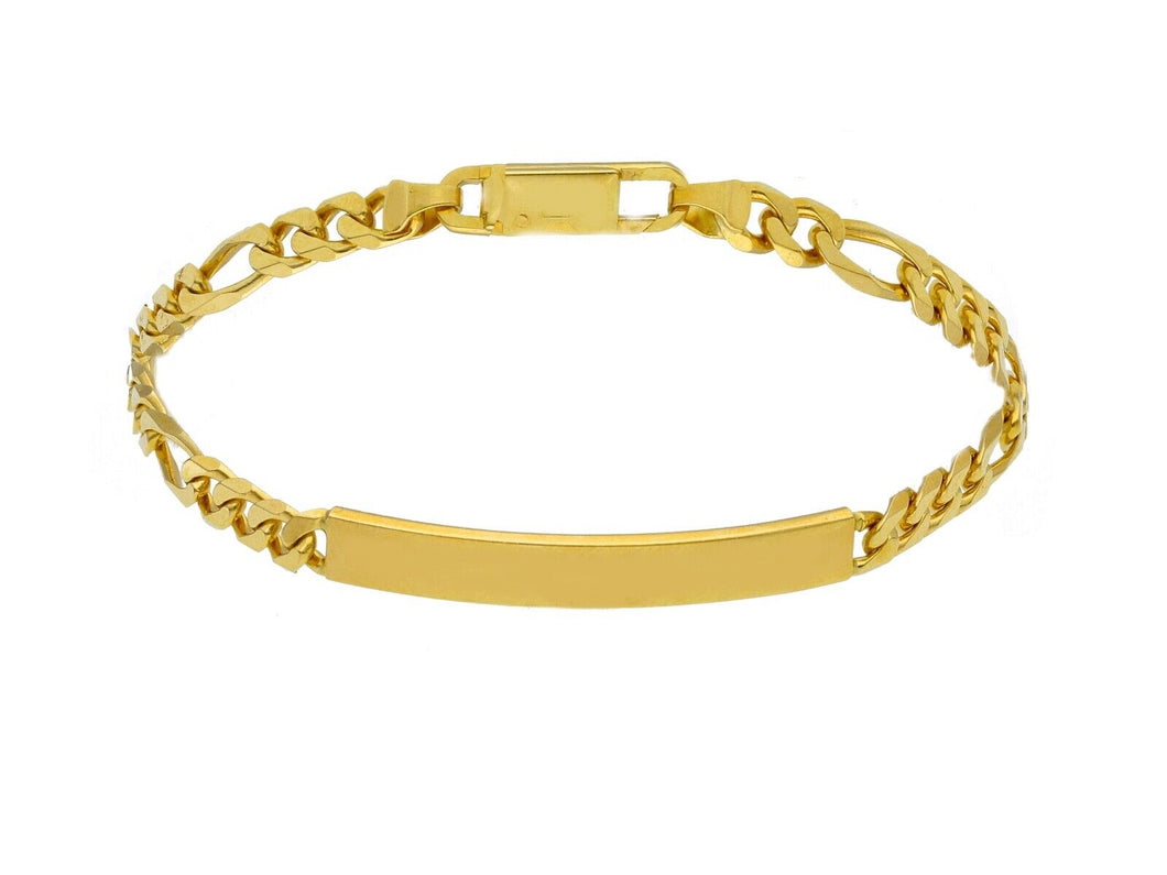 SOLID 18K YELLOW GOLD BRACELET 5mm FIGARO 3+1 CUBAN CURB ENGRAVING PLATE, 8.3