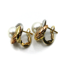 Load image into Gallery viewer, 18k yellow white rose gold clips 15mm earrings alternate flower knot with pearl.
