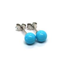 Load image into Gallery viewer, 18k white gold 6mm spheres balls reconstructed turquoise button earrings.
