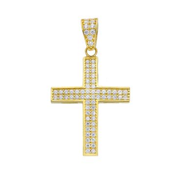 18K YELLOW GOLD 23mm SQUARED CROSS WITH WHITE ROUND CUBIC ZIRCONIA.