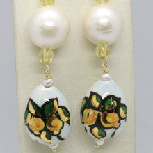 Load image into Gallery viewer, 18K YELLOW GOLD EARRINGS LEMON QUARTZ PEARL &amp; CERAMIC DROP HAND PAINTED IN ITALY
