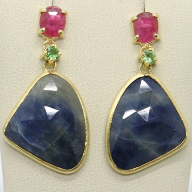 9k yellow gold pendant earrings, drop blue & oval pink sapphire, green peridot.