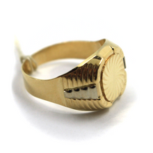 Load image into Gallery viewer, 18K YELLOW WHITE GOLD MAN BAND RING TWO TONE, 17mm WORKED SQUARE WITH RAYS.
