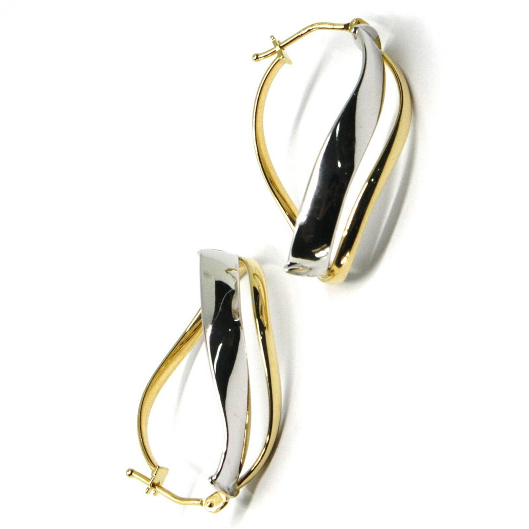 18K YELLOW WHITE GOLD PENDANT EARRINGS ONDULATE OVAL DOUBLE TUBE HOOPS 2.9cm.