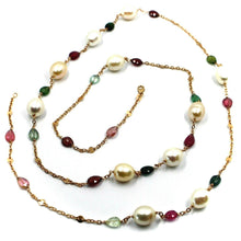 Load image into Gallery viewer, 18k rose gold long necklace rolo chain, big 12mm pearls &amp; tourmaline drops 35.4&quot;.
