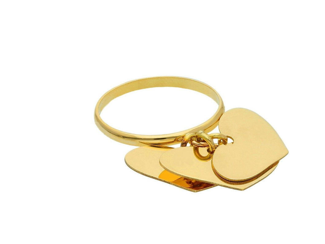 18K YELLOW GOLD RING WITH 3 HEART PENDANT CHARMS BRIGHT, LUMINOUS, MADE IN ITALY.
