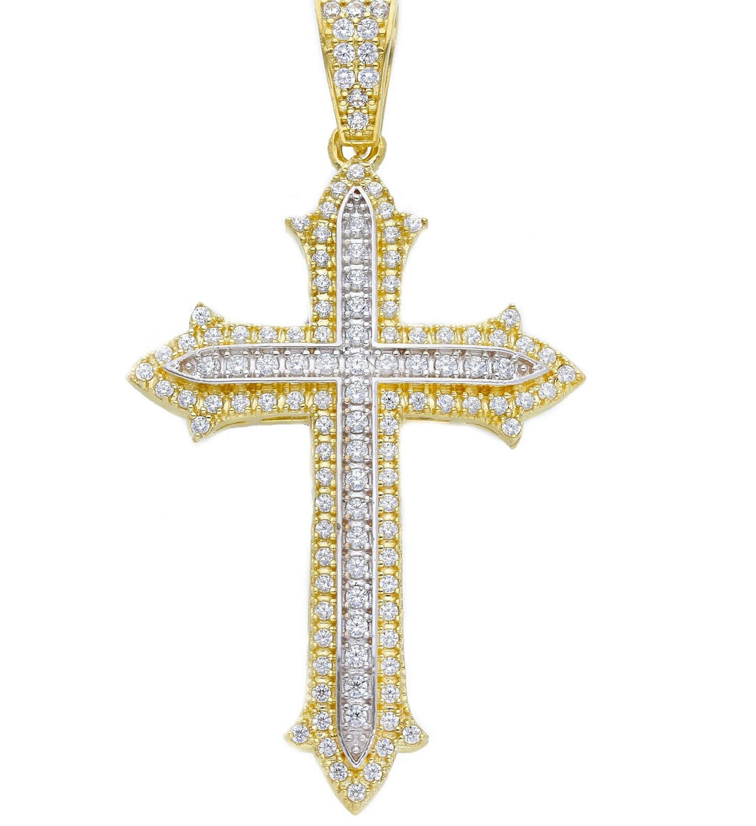 18K YELLOW AND WHITE BIG 35mm GOLD CROSS WITH WHITE ROUND CUBIC ZIRCONIA, SHINY