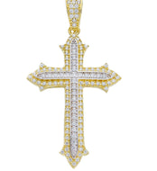 18K YELLOW AND WHITE BIG 35mm GOLD CROSS WITH WHITE ROUND CUBIC ZIRCONIA, SHINY.