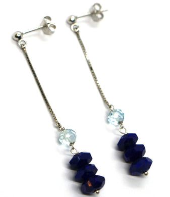 18k white gold pendant earrings, lapis lazuli, aquamarine, 2.3 inches length.
